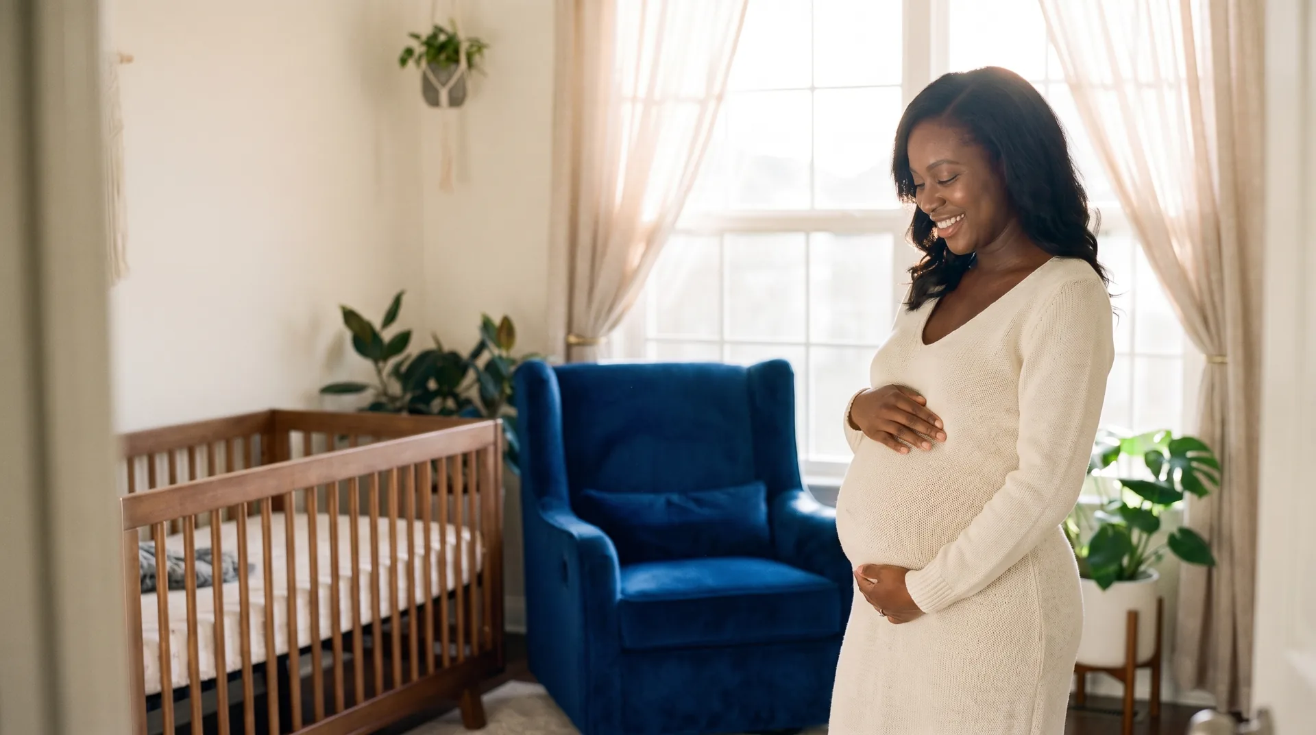 Une femme enceinte rayonnante en robe crème, les mains sur son ventre, dans une chambre d'enfant baignée de lumière avec un fauteuil bleu roi